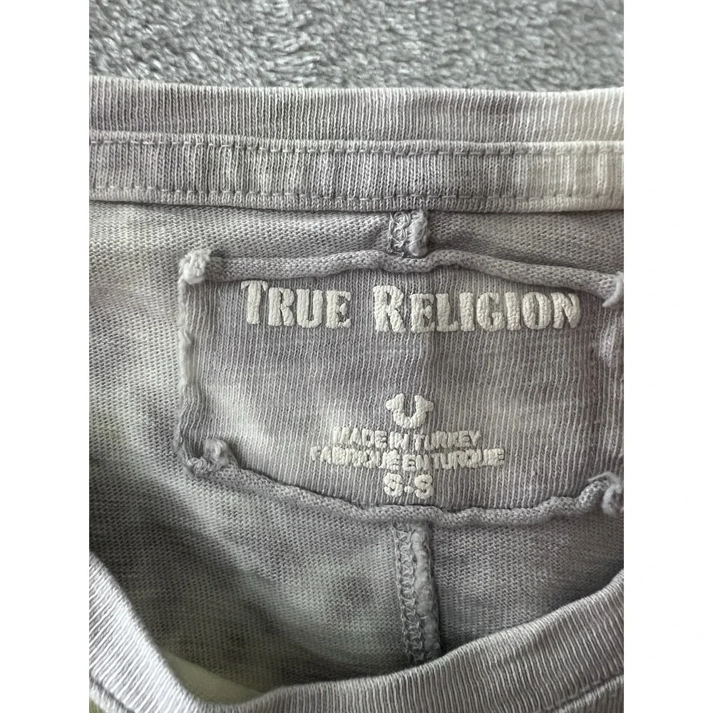 True Religion Mens Shirt 3XL Gray Yellow Tie Dye Logo Graphic Short Sleeve